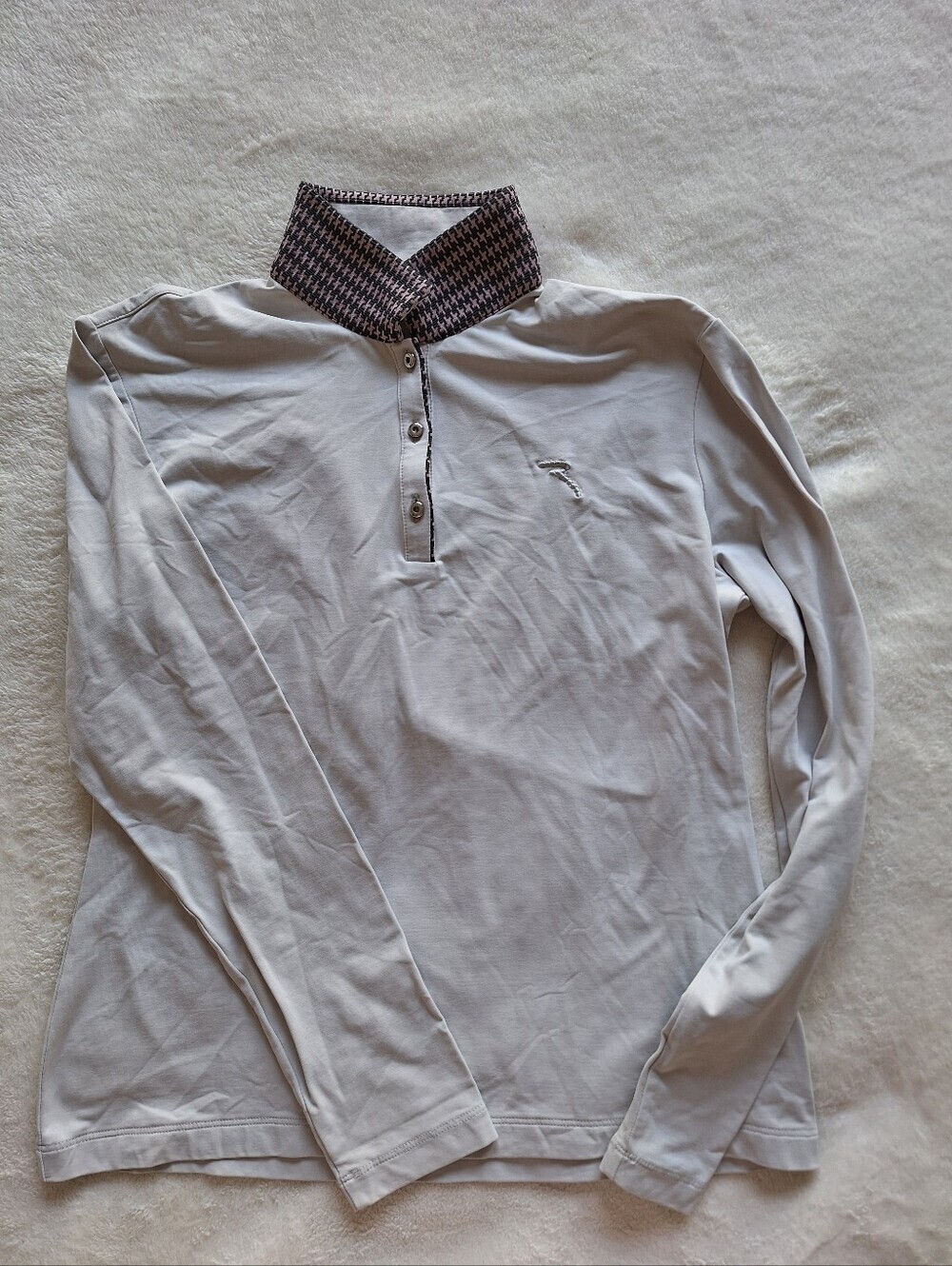 Chervo Light Gray Long Sleeve Golf Polo Equestrian Show Shirt Houndstooth Sz M